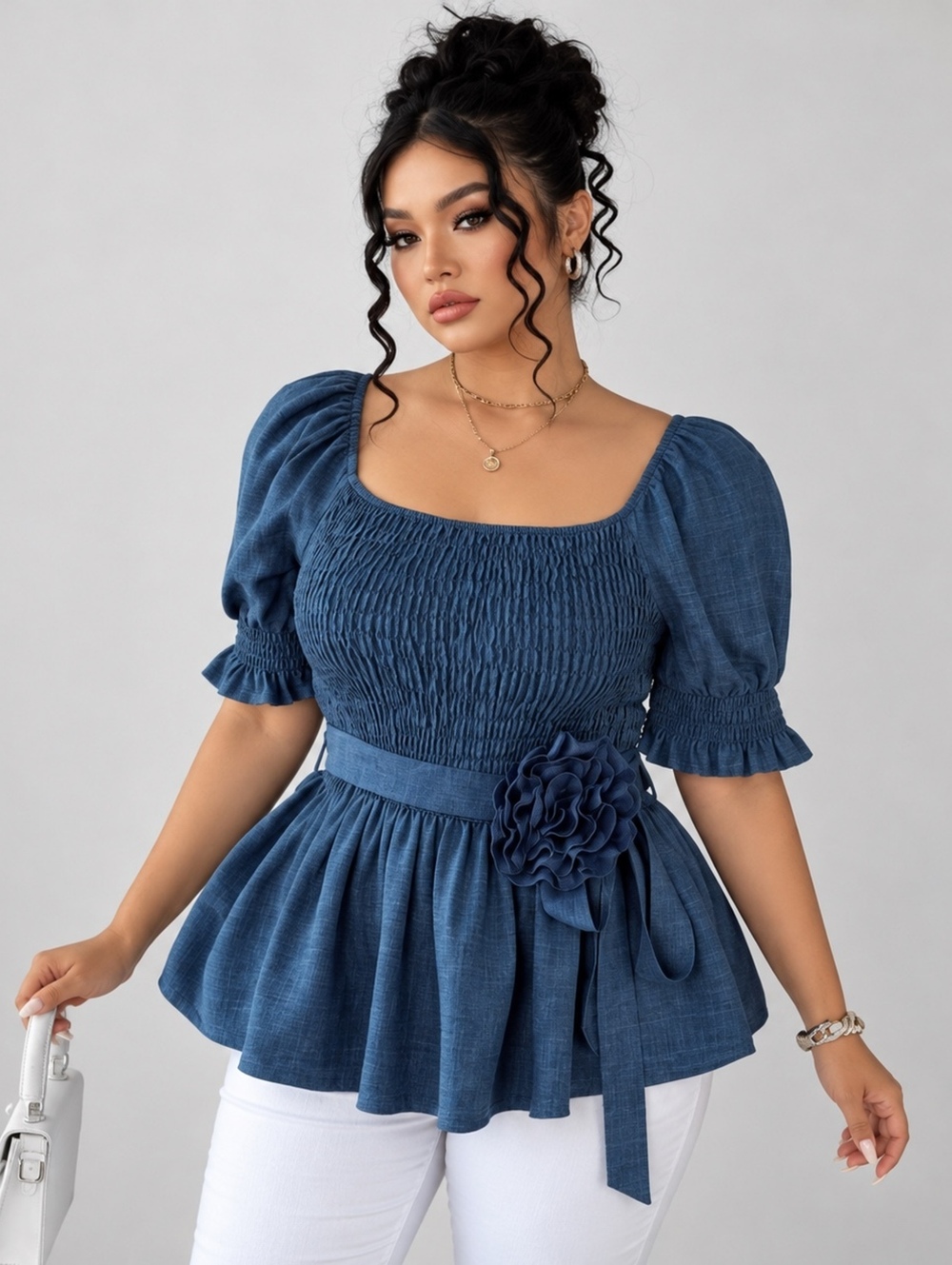 Peacock Blue Smocked Puff Sleeve Peplum Top Plus Size 22